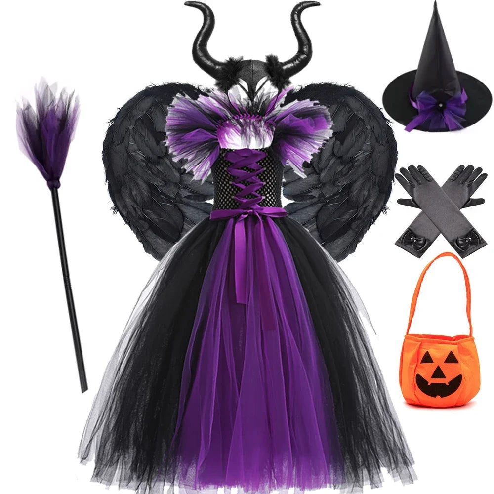 Maleficent Halloween For Children Costume Tulle Purple Black Dress Girls Cosplay Vestidos Party Evil Queen Mesh Princess Dresses