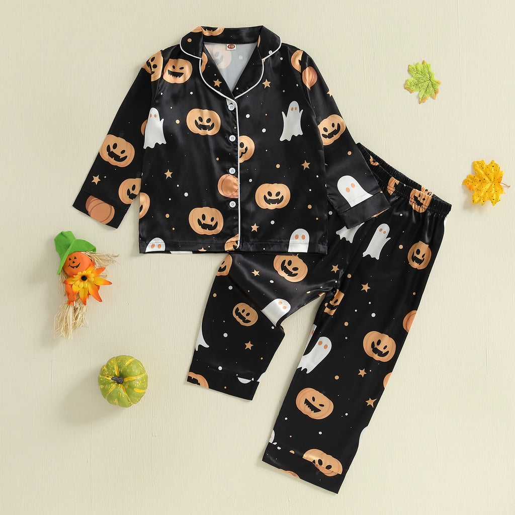 Kids 2-Piece Halloween Pajama Set with Long Sleeve Lapel Collar Shirt and Pants - Children s Sleepwear Outfit for Toddlers