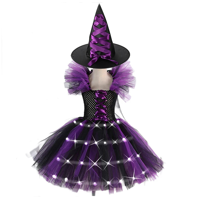 2025 Girls Cosplay Witch Halloween LED Dress Carnival Vestidos Party Kids Children Glowing Costume Party Princess Hat Dresses