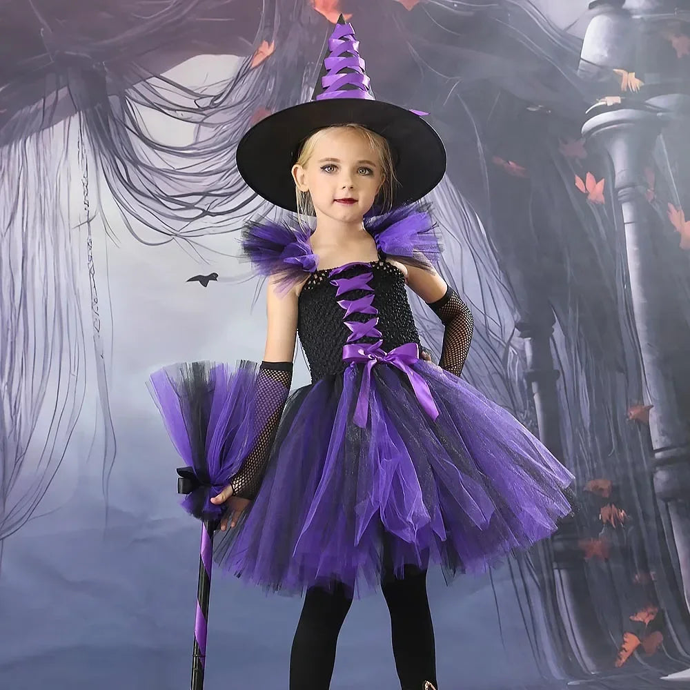 2025 Girls Cosplay Witch Halloween LED Dress Carnival Vestidos Party Kids Children Glowing Costume Party Princess Hat Dresses