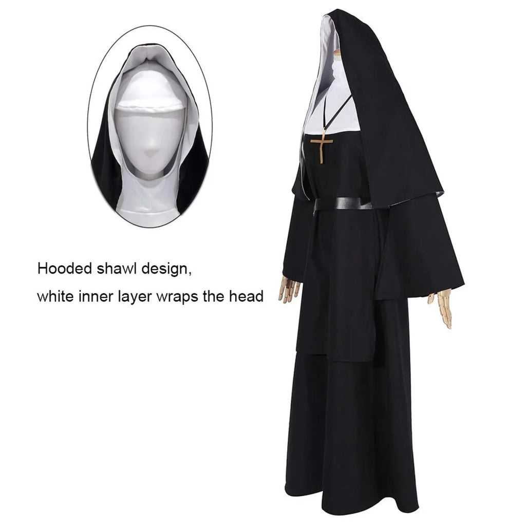 For COS Party Halloween Nun Cosplay Costume 4-Pieces Set Nun Costume + Cape + Belt + Necklace Cosplay Costume
