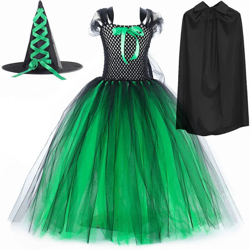Wicked Elphaba Witch Costume for Girls Green Black Tutu Dress Kids Halloween Carnival Party Dress Up Clothes with Hat Broom Cape