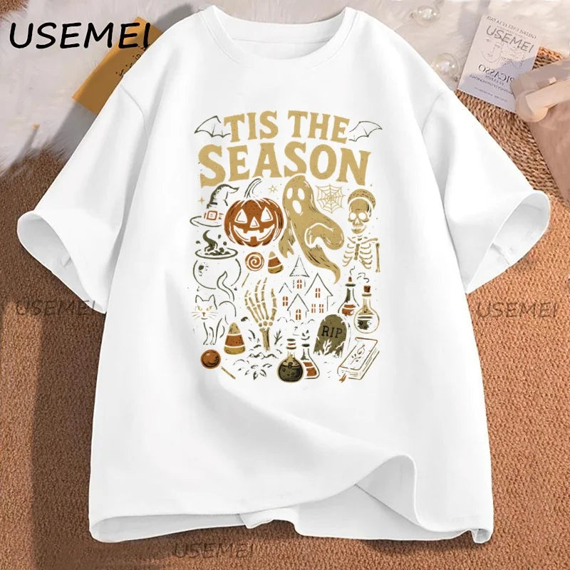 Retro Halloween T-Shirt Tis The Season Vintage Halloween Pumpkin Ghost Graphic Tee Men Women Loose Short Sleeve T-shirts Clothes