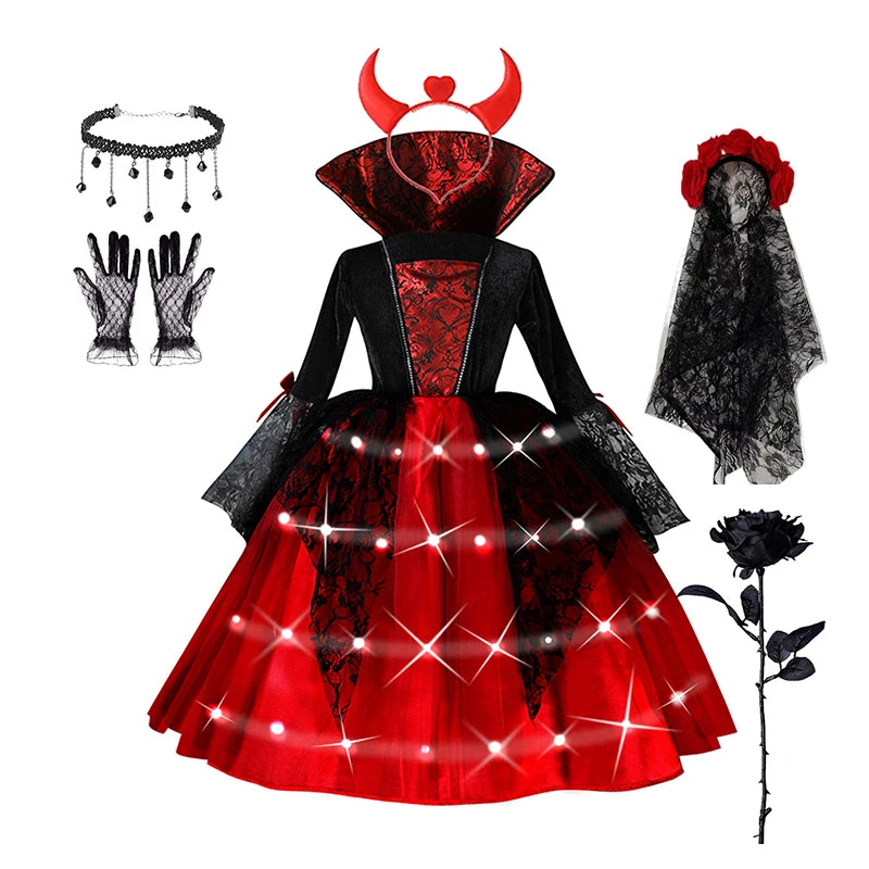 Kids Halloween Vampire Cosplay Costume Scarlet Gothic Dress with LED Light Perfect for Ghost Bride Carnival & Party Outfits