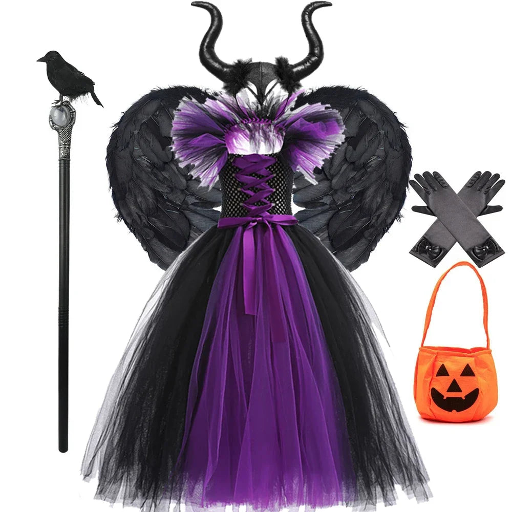 Maleficent Halloween For Children Costume Tulle Purple Black Dress Girls Cosplay Vestidos Party Evil Queen Mesh Princess Dresses
