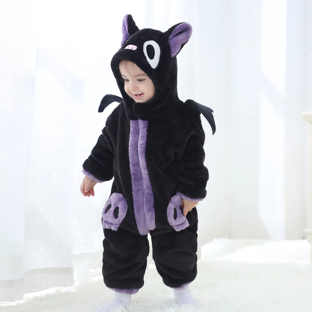 Halloween Baby Black Cat Rompers Cosplay Costume Fleece Long Sleeve Hooded Zip-Up Jumpsuit Infant Fuzzy Warm Hooded Overall