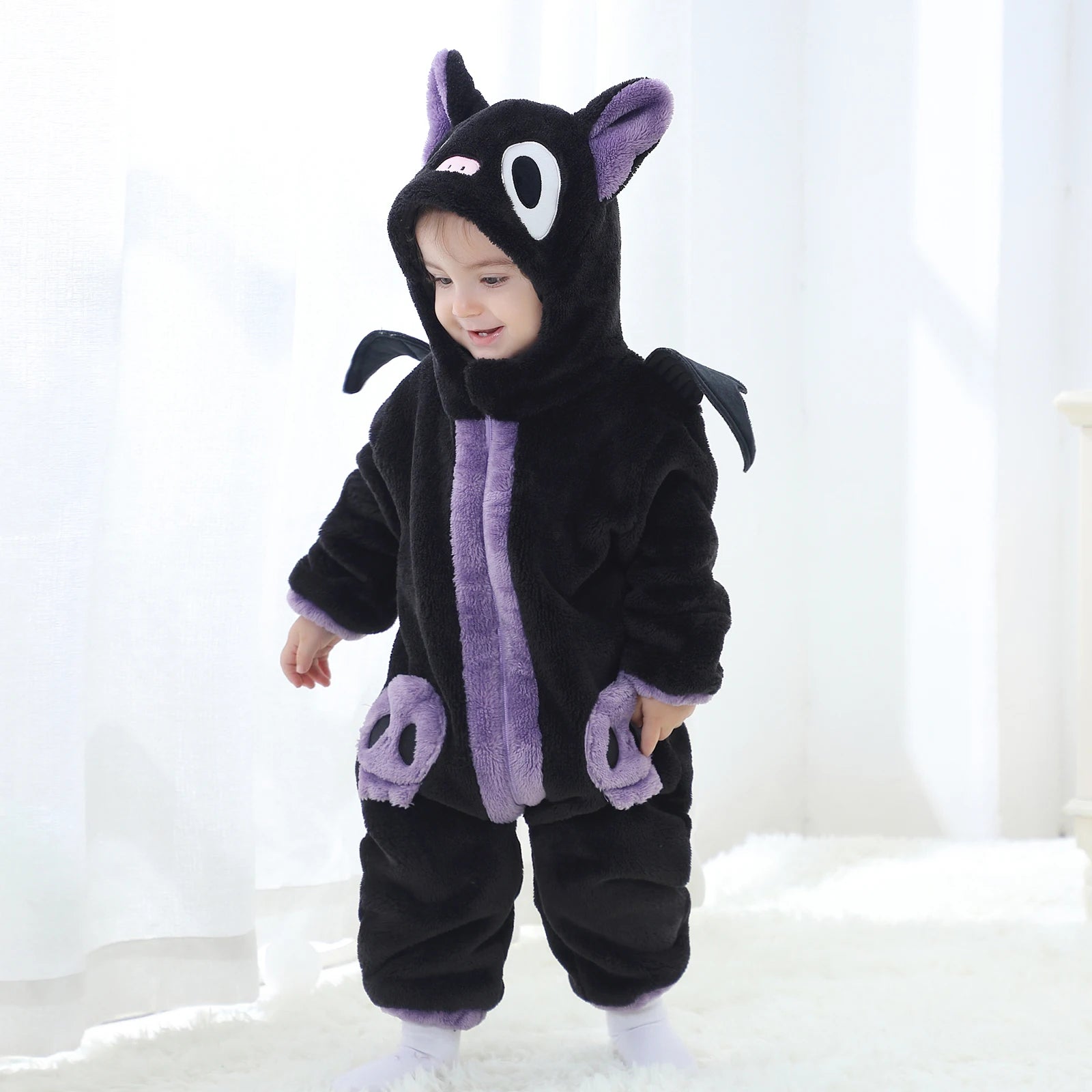 Halloween Baby Black Cat Rompers Cosplay Costume Fleece Long Sleeve Hooded Zip-Up Jumpsuit Infant Fuzzy Warm Hooded Overall