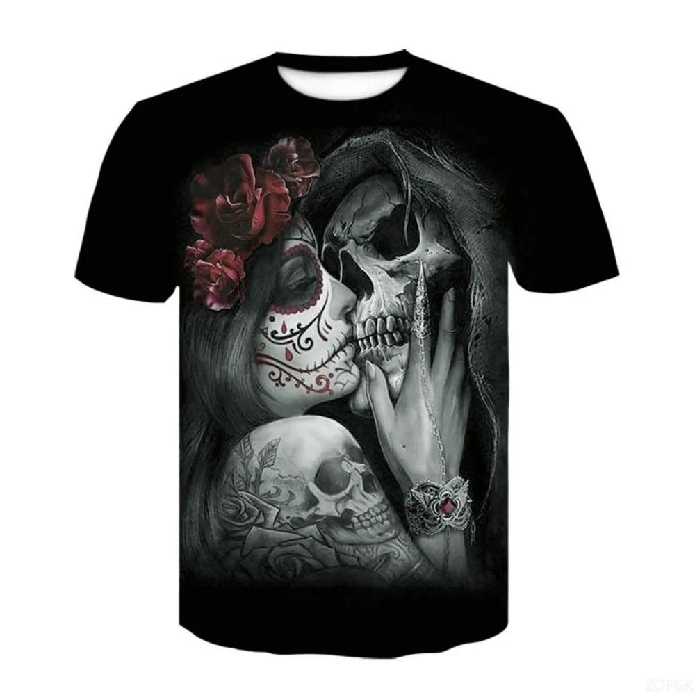 2025 new men's horror skull Halloween print breathable and comfortable round neck T-shirt outdoor party casual top