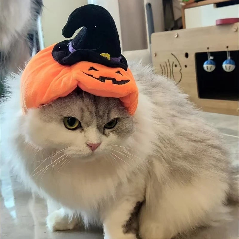 Halloween Cat Cap Pumpkin Plush Head Cover Cute Cat Dog Woven Warm Headdress Pet Hat Kitten Puppy Cosplay Costume Accessories