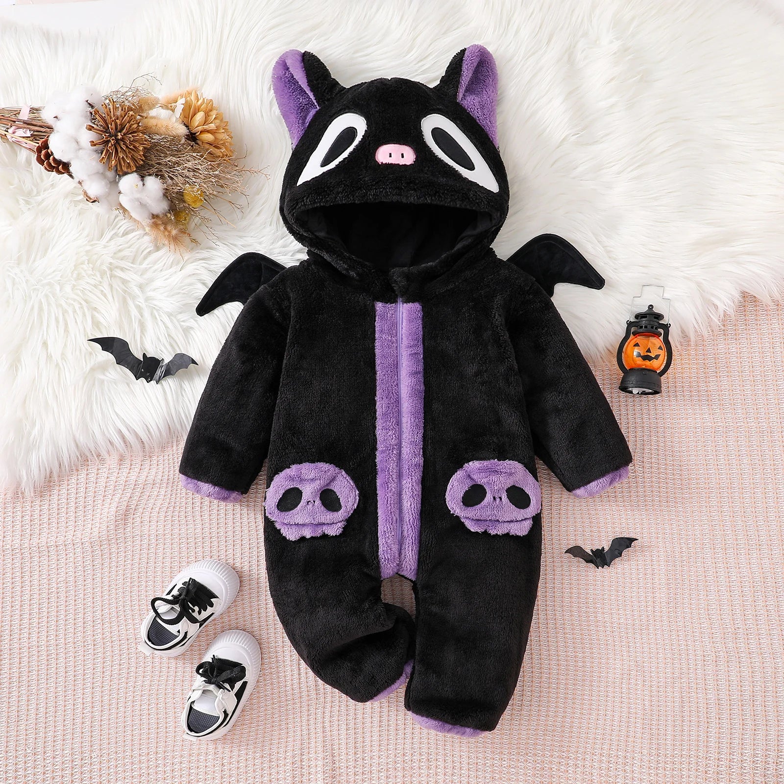 Halloween Baby Black Cat Rompers Cosplay Costume Fleece Long Sleeve Hooded Zip-Up Jumpsuit Infant Fuzzy Warm Hooded Overall