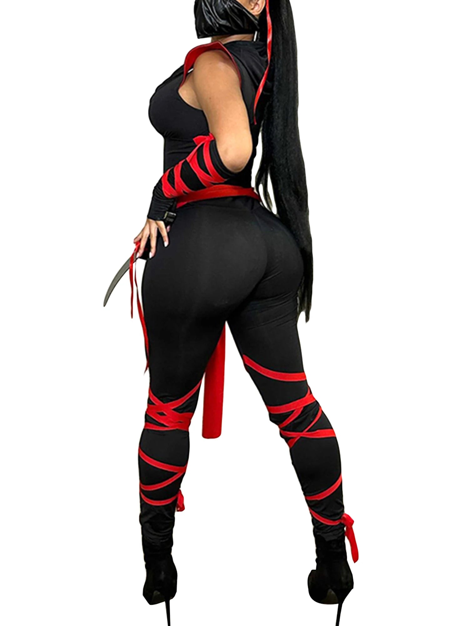 Women s Halloween Costumes Sexy Black Lace-Up Bodysuit with Hood and Arm Sleeves for Cosplay Party Outfits