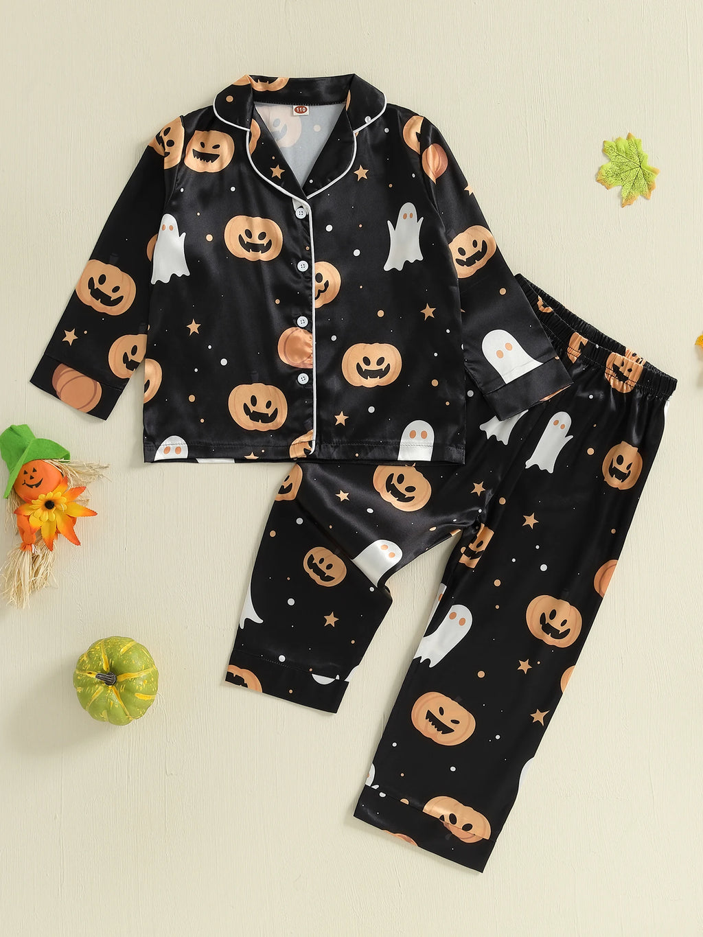 Kids 2-Piece Halloween Pajama Set with Long Sleeve Lapel Collar Shirt and Pants - Children s Sleepwear Outfit for Toddlers