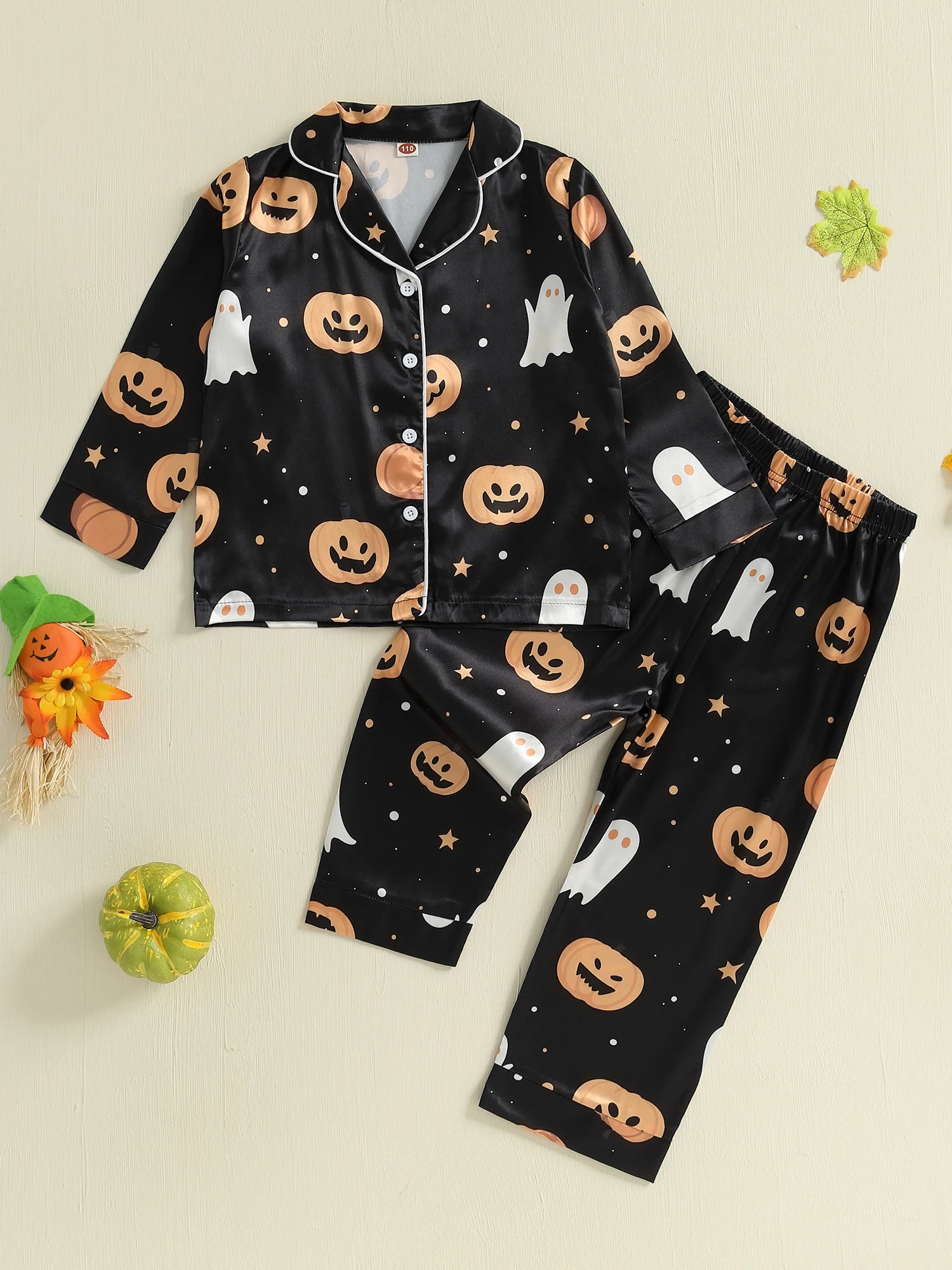 Kids 2-Piece Halloween Pajama Set with Long Sleeve Lapel Collar Shirt and Pants - Children s Sleepwear Outfit for Toddlers