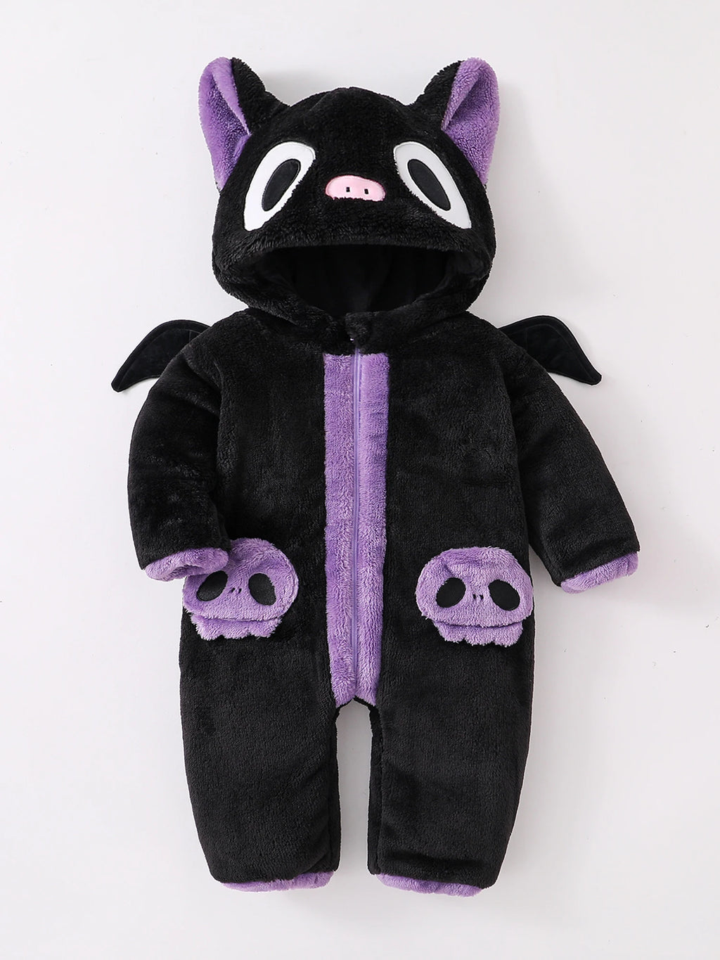 Halloween Baby Black Cat Rompers Cosplay Costume Fleece Long Sleeve Hooded Zip-Up Jumpsuit Infant Fuzzy Warm Hooded Overall