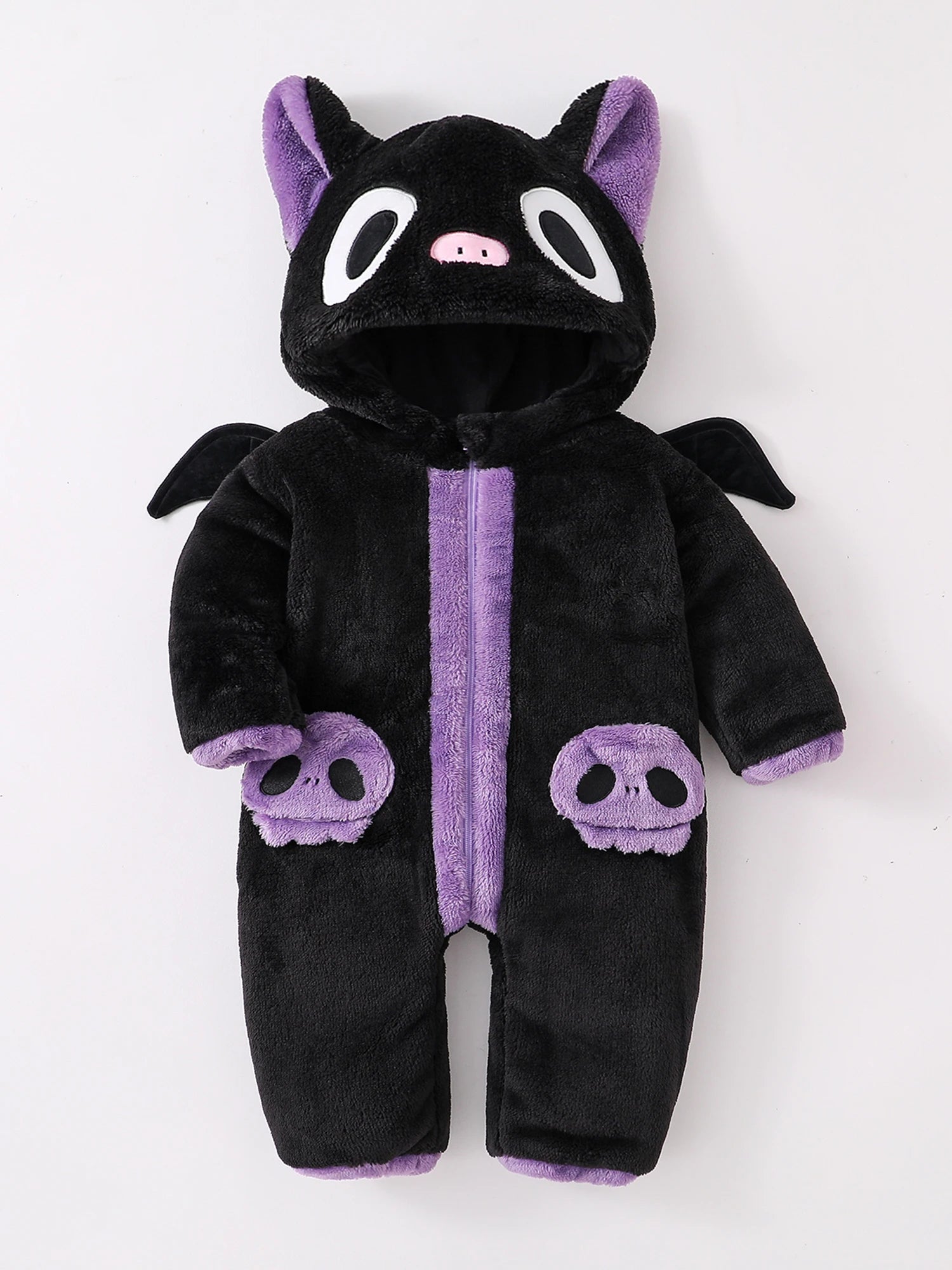 Halloween Baby Black Cat Rompers Cosplay Costume Fleece Long Sleeve Hooded Zip-Up Jumpsuit Infant Fuzzy Warm Hooded Overall
