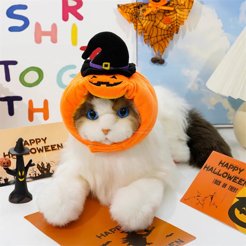 Halloween Cat Cap Pumpkin Plush Head Cover Cute Cat Dog Woven Warm Headdress Pet Hat Kitten Puppy Cosplay Costume Accessories