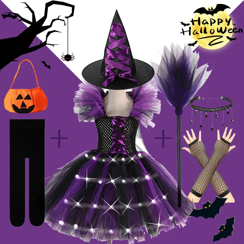 2025 Girls Cosplay Witch Halloween LED Dress Carnival Vestidos Party Kids Children Glowing Costume Party Princess Hat Dresses