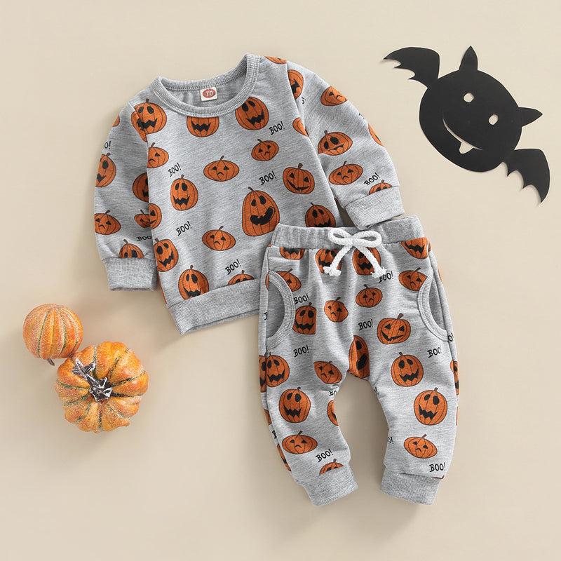 Infant Unisex Halloween Costumes Set with Long Sleeve Pumpkin Print Top and Gray Drawstring Pants for Boys and Girls