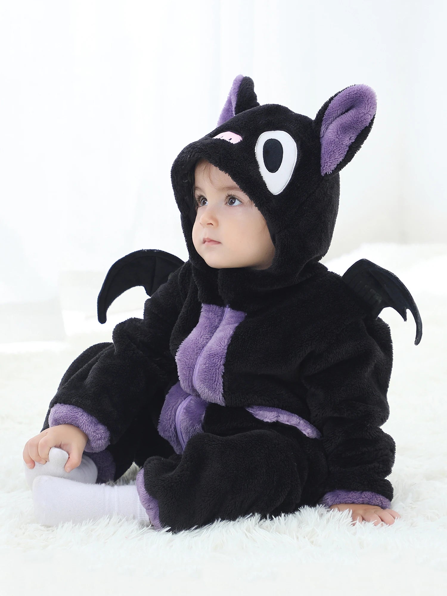 Halloween Baby Black Cat Rompers Cosplay Costume Fleece Long Sleeve Hooded Zip-Up Jumpsuit Infant Fuzzy Warm Hooded Overall