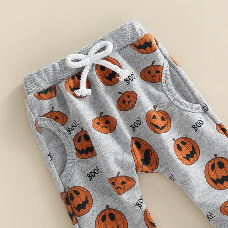 Infant Unisex Halloween Costumes Set with Long Sleeve Pumpkin Print Top and Gray Drawstring Pants for Boys and Girls