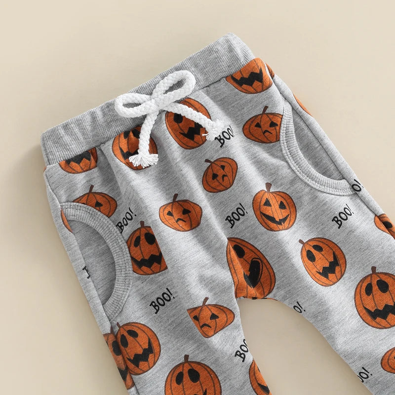Infant Unisex Halloween Costumes Set with Long Sleeve Pumpkin Print Top and Gray Drawstring Pants for Boys and Girls