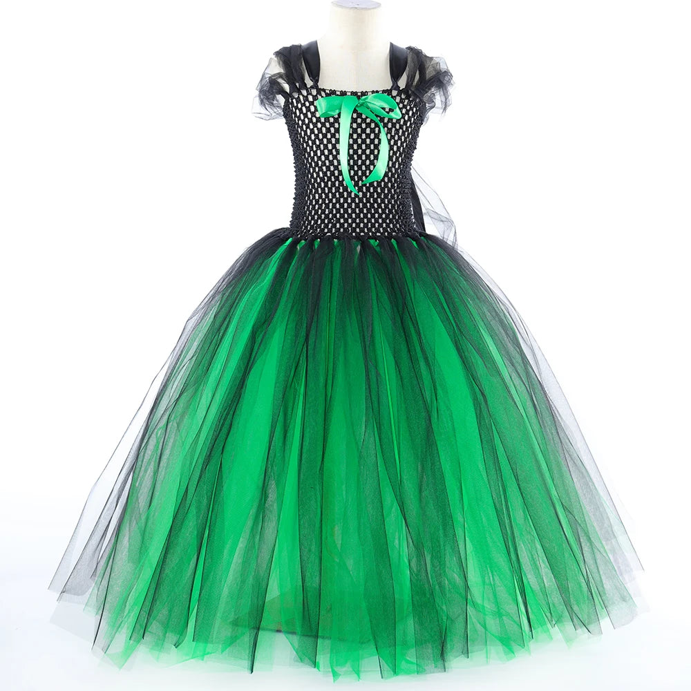 Wicked Elphaba Witch Costume for Girls Green Black Tutu Dress Kids Halloween Carnival Party Dress Up Clothes with Hat Broom Cape