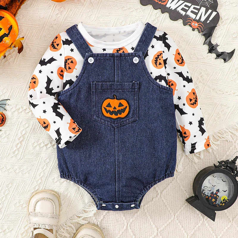 3Pcs Toddler Halloween Costumes Set Long Sleeve Ghost Witch Print Tops Pants Hat Infant Clothes for Party