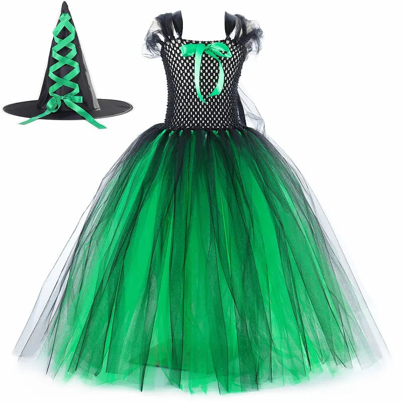Wicked Elphaba Witch Costume for Girls Green Black Tutu Dress Kids Halloween Carnival Party Dress Up Clothes with Hat Broom Cape