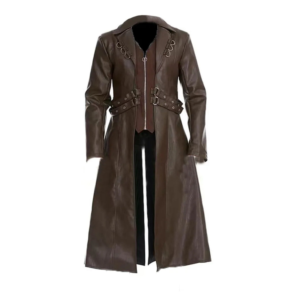 Men Steampunk Faux Leather Vintage Jacket Medieval Trench Coat Long Outwear Winter Gothic Windbreaker Motorcycle Halloween Stage