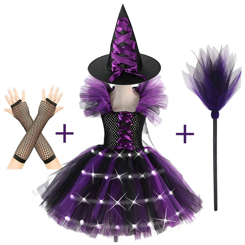 2025 Girls Cosplay Witch Halloween LED Dress Carnival Vestidos Party Kids Children Glowing Costume Party Princess Hat Dresses