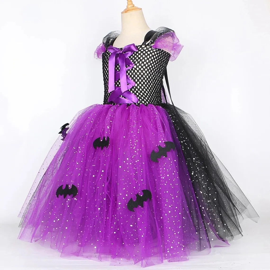 2025 Halloween Festive Party Girls Cosplay Witch Purple Puffy Sleeveless Bat Decoration Dress Girls Classic Festive Clothing Set