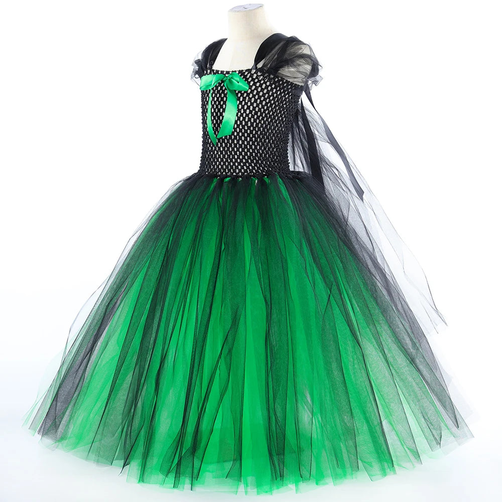 Wicked Elphaba Witch Costume for Girls Green Black Tutu Dress Kids Halloween Carnival Party Dress Up Clothes with Hat Broom Cape