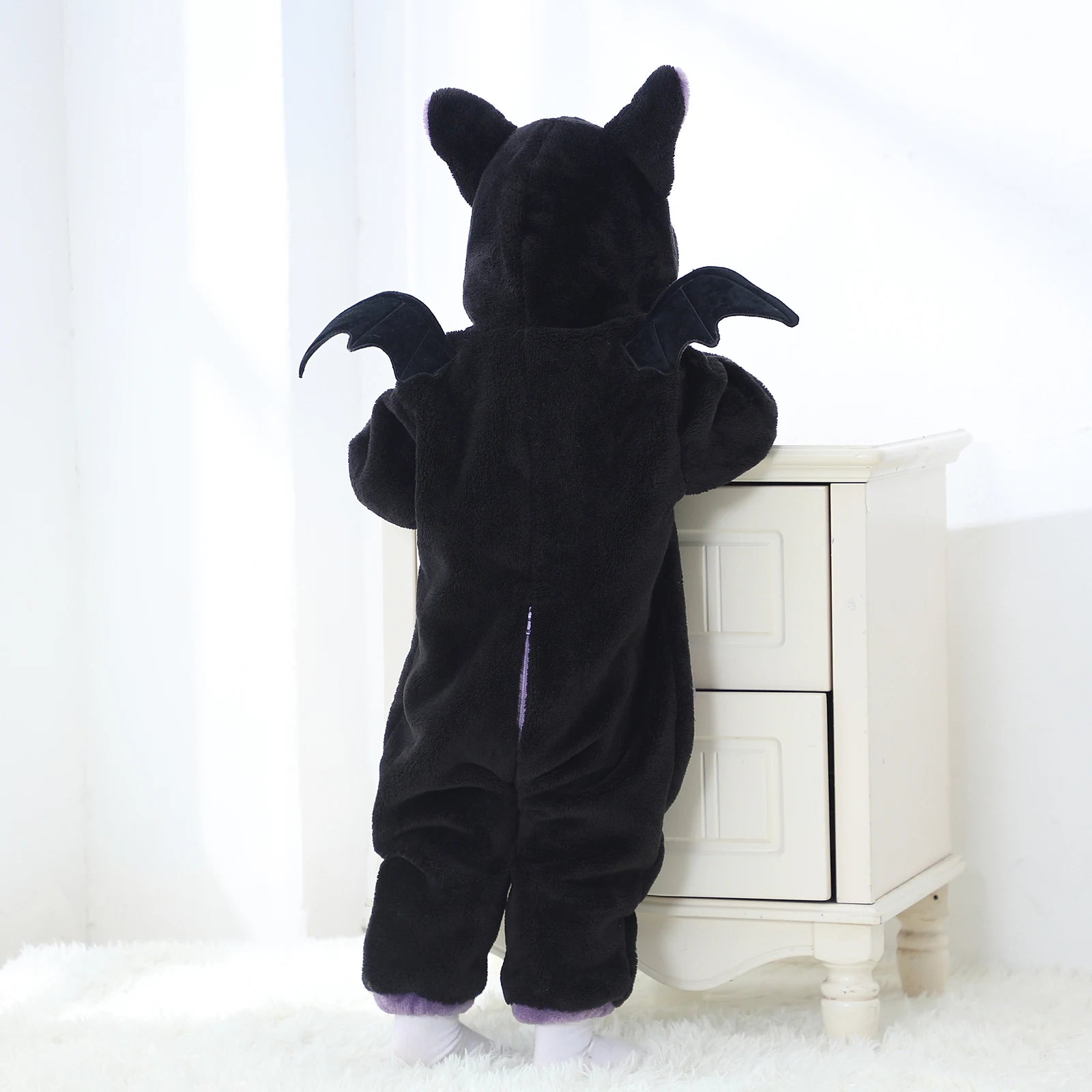 Halloween Baby Black Cat Rompers Cosplay Costume Fleece Long Sleeve Hooded Zip-Up Jumpsuit Infant Fuzzy Warm Hooded Overall