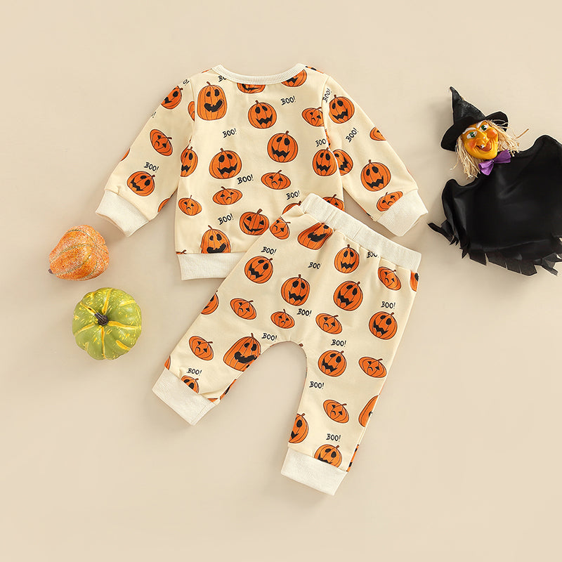 Infant Unisex Halloween Costumes Set with Long Sleeve Pumpkin Print Top and Gray Drawstring Pants for Boys and Girls