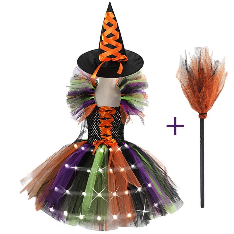2025 Girls Cosplay Witch Halloween LED Dress Carnival Vestidos Party Kids Children Glowing Costume Party Princess Hat Dresses