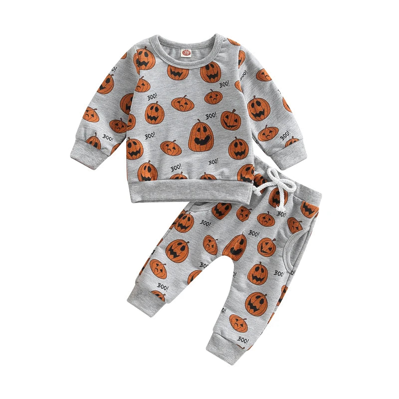 Infant Unisex Halloween Costumes Set with Long Sleeve Pumpkin Print Top and Gray Drawstring Pants for Boys and Girls