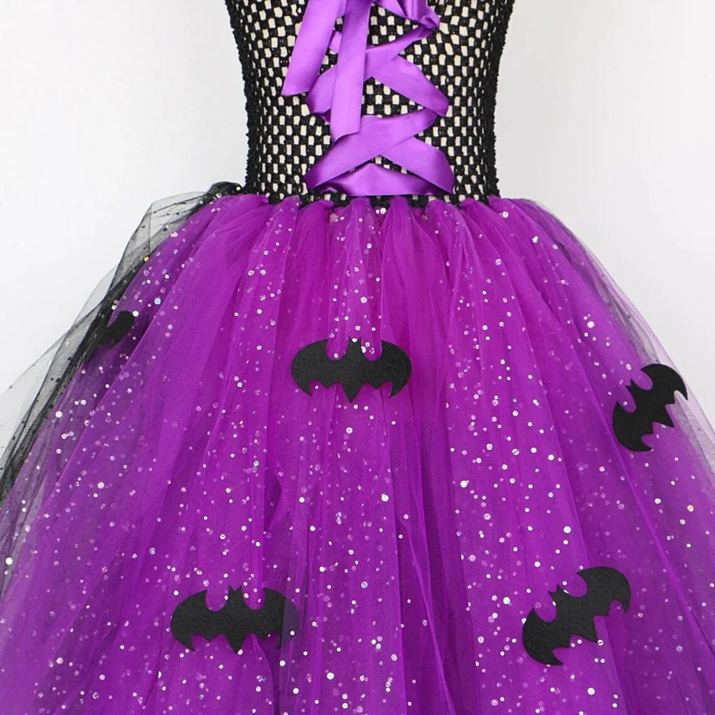 2025 Halloween Festive Party Girls Cosplay Witch Purple Puffy Sleeveless Bat Decoration Dress Girls Classic Festive Clothing Set
