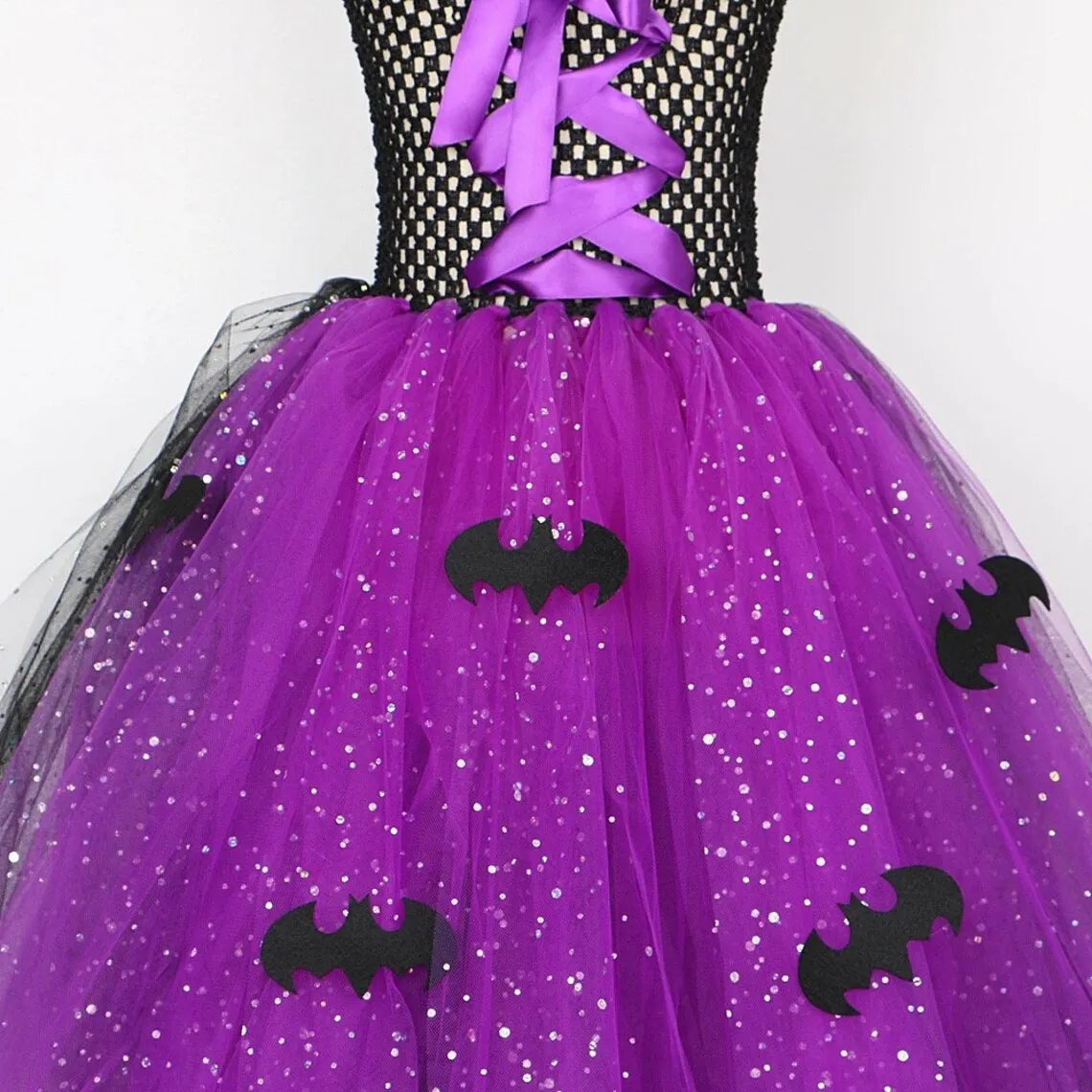 2025 Halloween Festive Party Girls Cosplay Witch Purple Puffy Sleeveless Bat Decoration Dress Girls Classic Festive Clothing Set