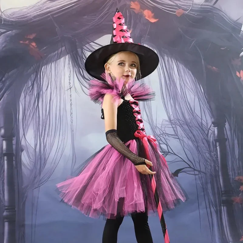 2025 Girls Cosplay Witch Halloween LED Dress Carnival Vestidos Party Kids Children Glowing Costume Party Princess Hat Dresses