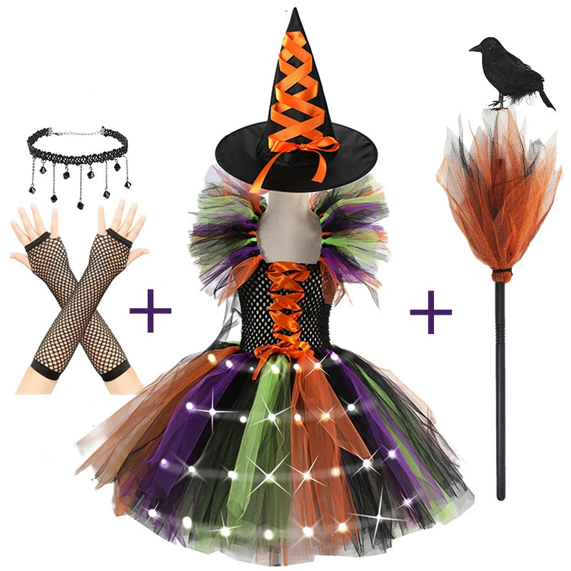 2025 Girls Cosplay Witch Halloween LED Dress Carnival Vestidos Party Kids Children Glowing Costume Party Princess Hat Dresses