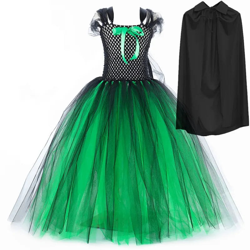 Wicked Elphaba Witch Costume for Girls Green Black Tutu Dress Kids Halloween Carnival Party Dress Up Clothes with Hat Broom Cape