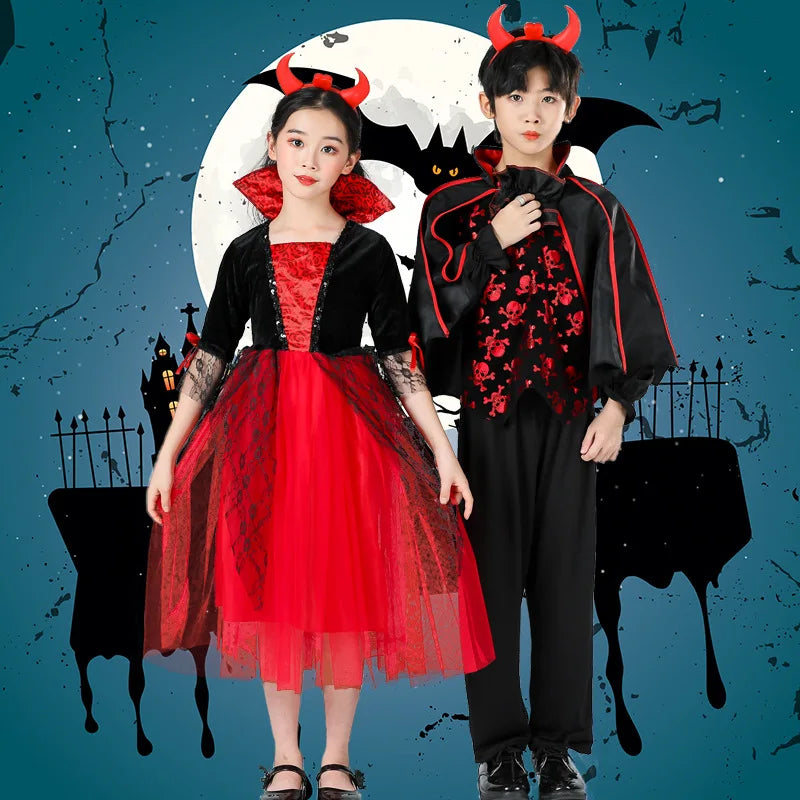 Kids Halloween Vampire Cosplay Costume Scarlet Gothic Dress with LED Light Perfect for Ghost Bride Carnival & Party Outfits