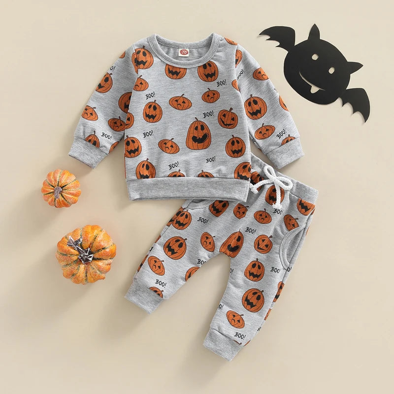Infant Unisex Halloween Costumes Set with Long Sleeve Pumpkin Print Top and Gray Drawstring Pants for Boys and Girls