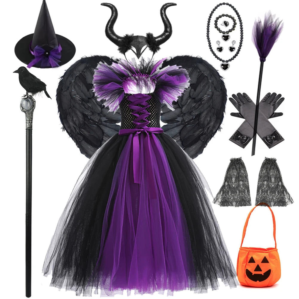 Maleficent Halloween For Children Costume Tulle Purple Black Dress Girls Cosplay Vestidos Party Evil Queen Mesh Princess Dresses