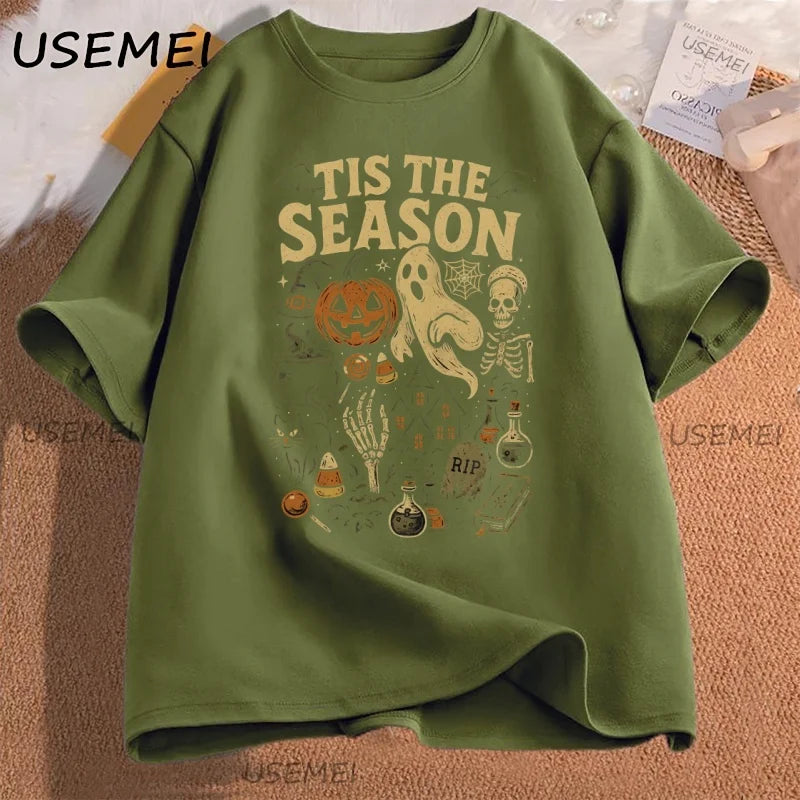 Retro Halloween T-Shirt Tis The Season Vintage Halloween Pumpkin Ghost Graphic Tee Men Women Loose Short Sleeve T-shirts Clothes