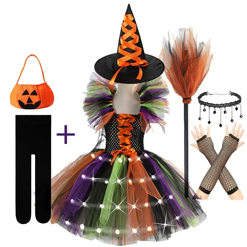 2025 Girls Cosplay Witch Halloween LED Dress Carnival Vestidos Party Kids Children Glowing Costume Party Princess Hat Dresses
