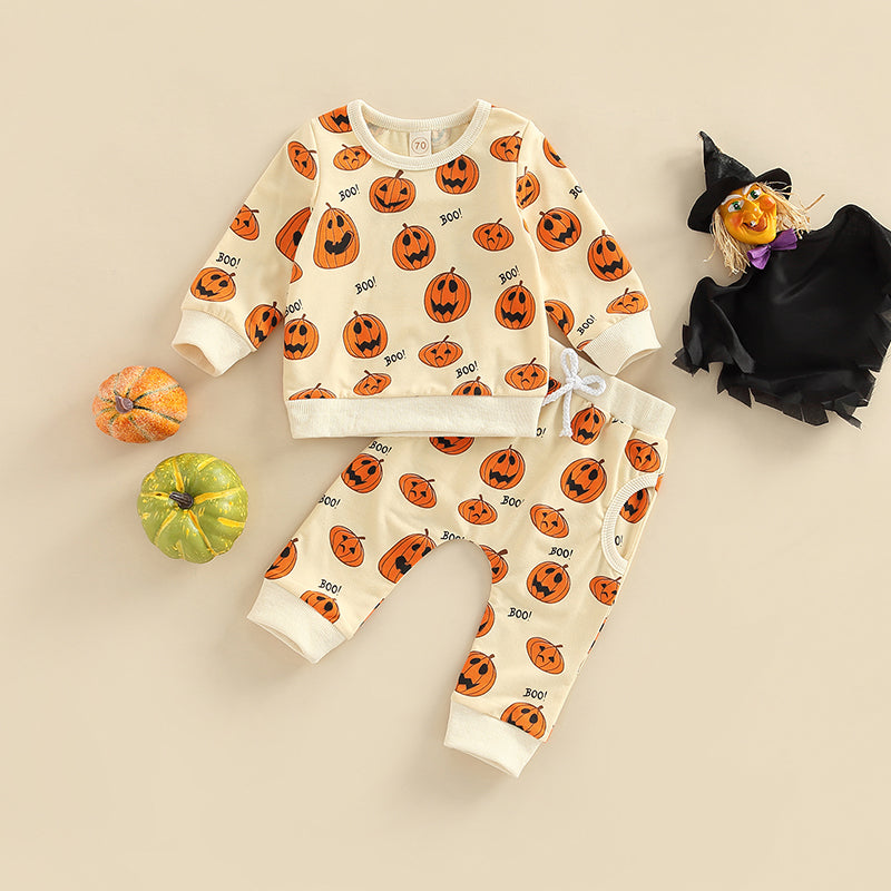 Infant Unisex Halloween Costumes Set with Long Sleeve Pumpkin Print Top and Gray Drawstring Pants for Boys and Girls