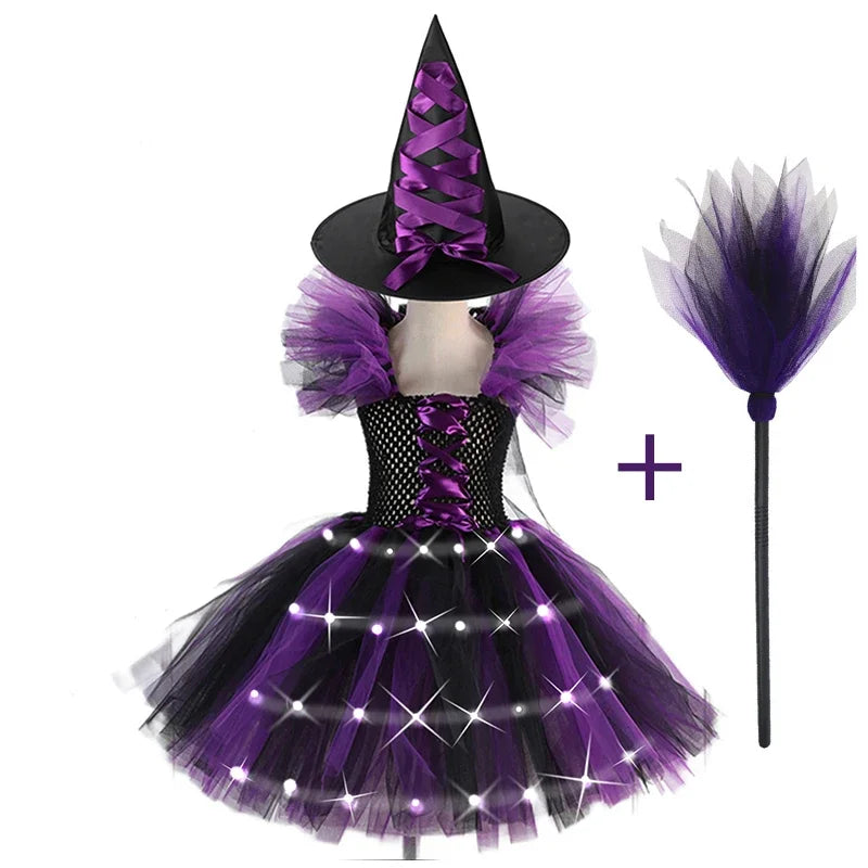 2025 Girls Cosplay Witch Halloween LED Dress Carnival Vestidos Party Kids Children Glowing Costume Party Princess Hat Dresses