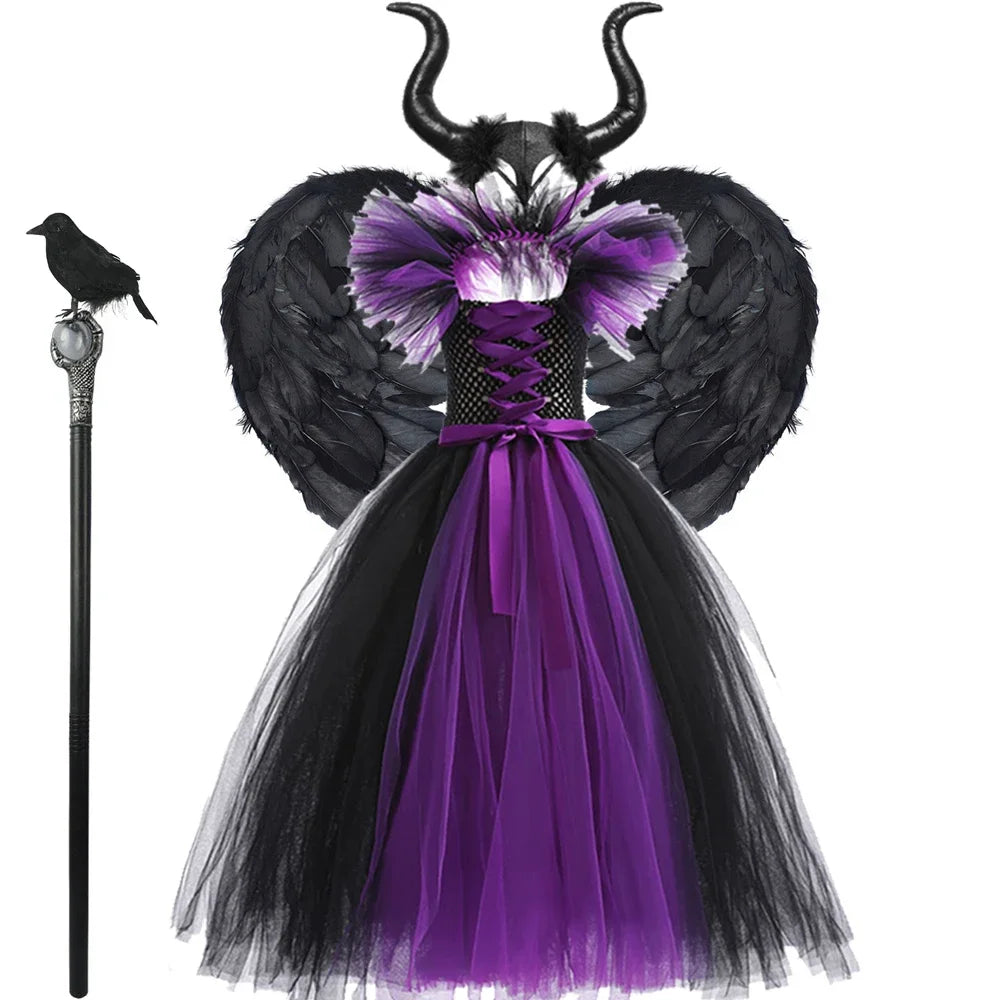 Maleficent Halloween For Children Costume Tulle Purple Black Dress Girls Cosplay Vestidos Party Evil Queen Mesh Princess Dresses