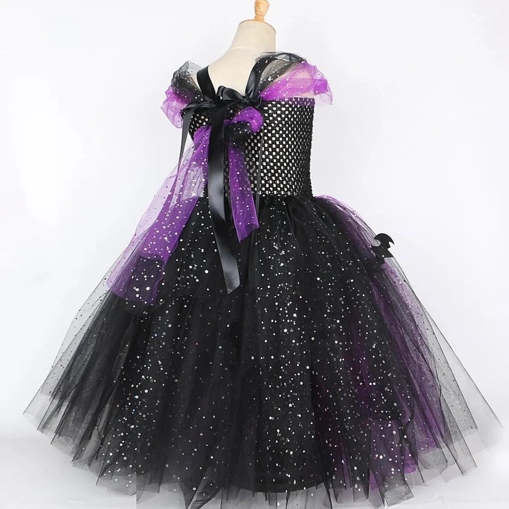 2025 Halloween Festive Party Girls Cosplay Witch Purple Puffy Sleeveless Bat Decoration Dress Girls Classic Festive Clothing Set